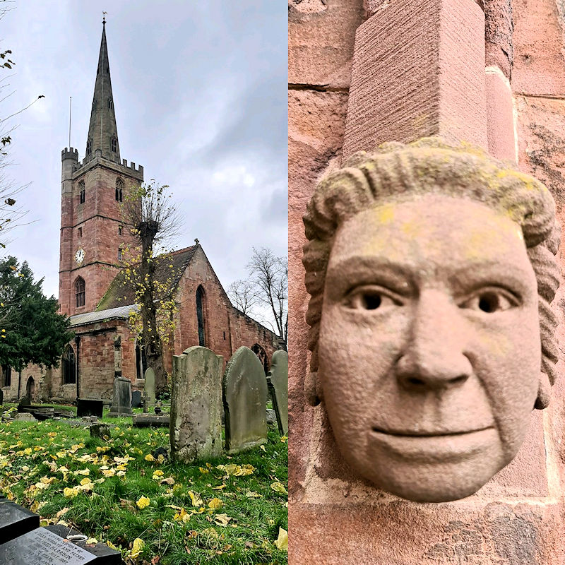 St John the Baptist Church (left) and the carved stone womans head (right).