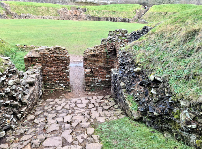 A view of the Roman walls and steps at Caerleon amphitheatre ruins.