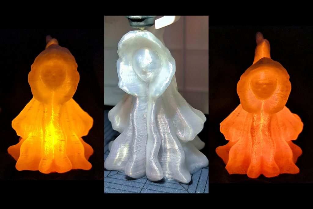 The spooky Halloween ghost 3D print with and without lighting.
