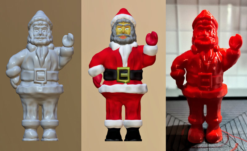 The Santa (Father Christmas) figurine: in Nomad Sculpt (left), digitally-painted sculpt (middle) and 3D printed (right).