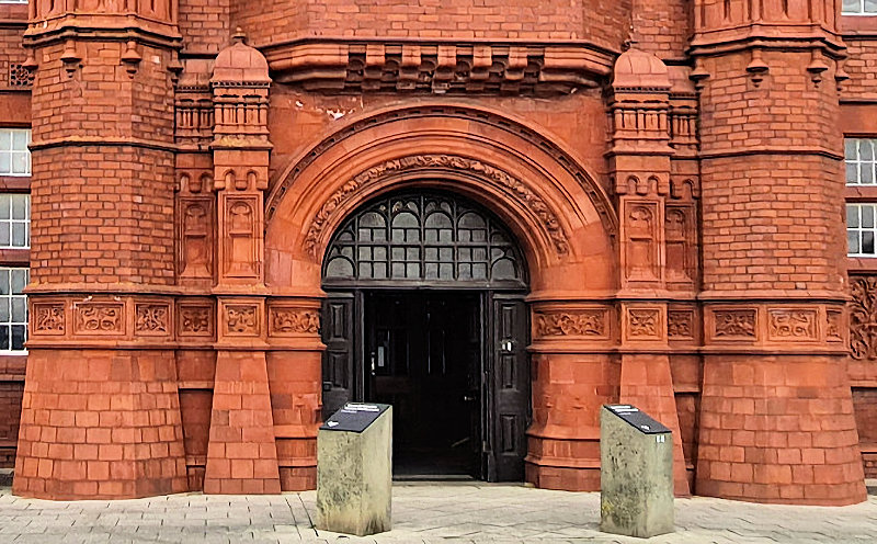 The entrance to the Pierhead Building at Cardiff Bay.